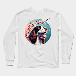 Joyful English Springer Spaniel with Spring Cherry Blossoms Long Sleeve T-Shirt